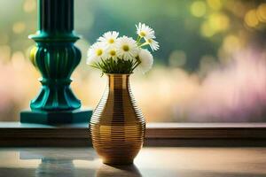 a vase with daisies on a window sill. AI-Generated photo