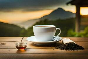 un taza de café y un cuchara en un de madera mesa. generado por ai foto