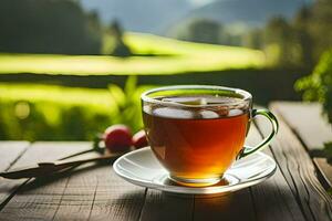 a cup of tea on a wooden table. AI-Generated photo