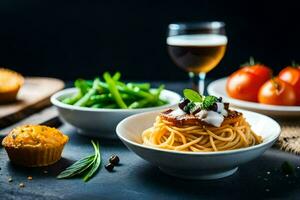 spaghetti with tomato sauce, bread and vegetables on a table. AI-Generated photo