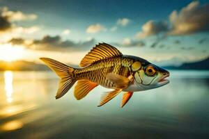 un pescado es nadando en el agua a puesta de sol. generado por ai foto