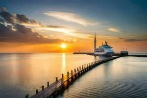 a cruise ship docked at the pier at sunset. AI-Generated photo