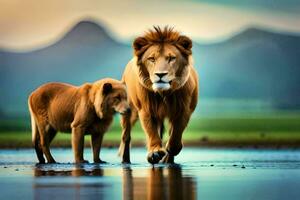 two lions walking across a field with water. AI-Generated photo