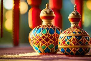 two colorful vases sitting on a table. AI-Generated photo