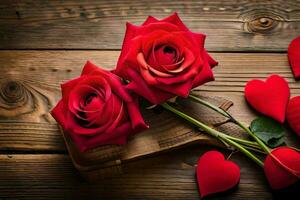 two red roses and hearts on a wooden table. AI-Generated photo