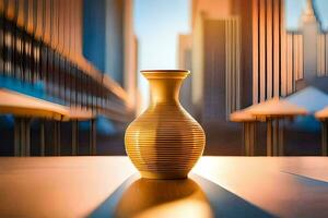 a golden vase sitting on a table in front of a city. AI-Generated photo