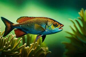 a fish is swimming in the ocean with green plants. AI-Generated photo