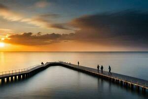 people walk along a pier at sunset. AI-Generated photo