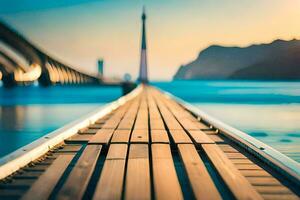 a long wooden pier with a bridge in the background. AI-Generated photo