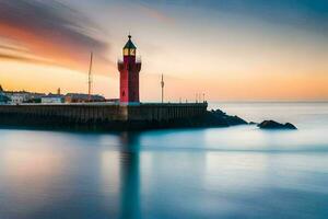a red lighthouse stands on the shore of the ocean. AI-Generated photo