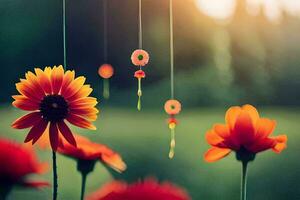 flowers hanging from strings in the sun. AI-Generated photo