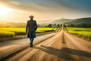 a man in a hat and suit walking down a dirt road. AI-Generated photo