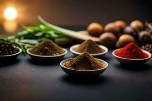 spices in bowls on a black background. AI-Generated photo