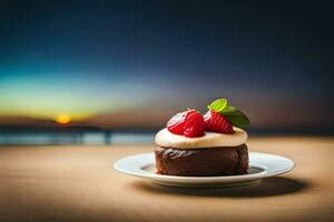 un postre con fresas y crema en un lámina. generado por ai foto