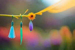 colorful earrings hanging from a branch. AI-Generated photo