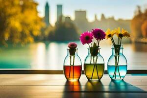three vases with flowers sitting on a table near a lake. AI-Generated photo