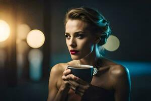 un mujer participación un taza de café. generado por ai foto