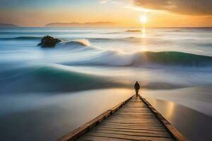 a man stands on a wooden boardwalk at the end of a beach. AI-Generated photo