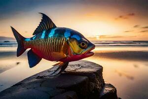 un pescado en un rock a puesta de sol. generado por ai foto