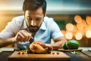 a man is preparing a chicken on a cutting board. AI-Generated photo