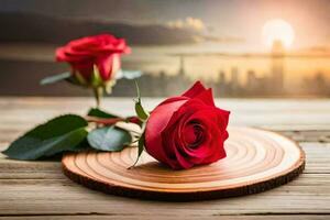 two red roses on a wooden plate with a sunset in the background. AI-Generated photo