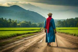 un mujer caminando abajo un suciedad la carretera con un caña. generado por ai foto