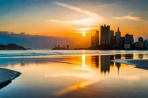 the sun sets over a city skyline reflected in the water. AI-Generated photo