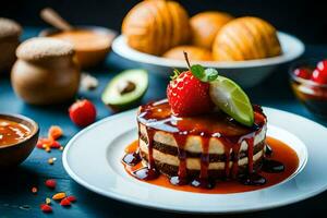 un postre con fresas y un rebanada de pastel. generado por ai foto