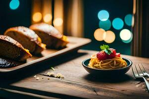 pasta con fresas y un vaso de vino en un de madera mesa. generado por ai foto