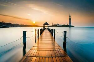 a long exposure photo of a pier in the water. AI-Generated