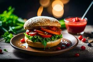 a hamburger with tomatoes and lettuce on a plate. AI-Generated photo