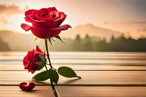 two red roses sit on a wooden table in front of a sunset. AI-Generated photo