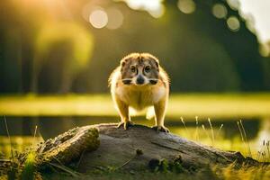 a small dog standing on top of a log in the grass. AI-Generated photo