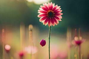 un soltero rosado flor soportes en el medio de un campo. generado por ai foto