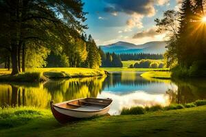 un barco en el lago a puesta de sol. generado por ai foto