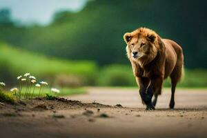 un león caminando en un suciedad la carretera con flores generado por ai foto