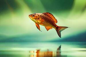 a fish is flying over water with a green background. AI-Generated photo