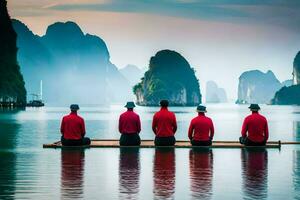 cuatro personas en rojo chaquetas sentado en un balsa en el agua. generado por ai foto