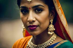 un mujer vistiendo tradicional joyería y un sari. generado por ai foto