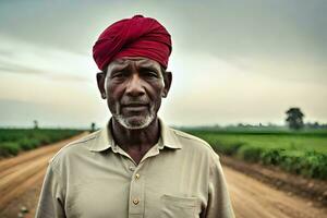 a man in a red turban stands in the middle of a dirt road. AI-Generated photo