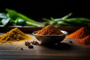 spices in a bowl on a wooden table. AI-Generated photo