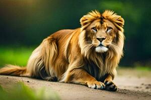 a lion is sitting on the ground in the grass. AI-Generated photo