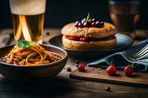 espaguetis con albóndigas y un cerveza en un de madera mesa. generado por ai foto