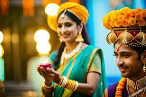 un hombre y mujer en tradicional indio atuendo. generado por ai foto