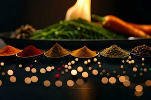 spices and vegetables in bowls with a flame. AI-Generated photo