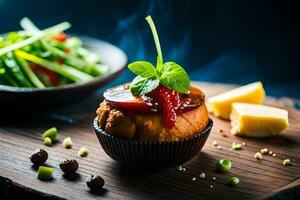 a muffin with cheese, tomatoes and herbs. AI-Generated photo