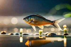 un pescado es en pie en el agua con rocas generado por ai foto