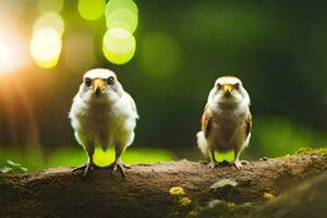 dos pequeño aves sentado en un rama. generado por ai foto