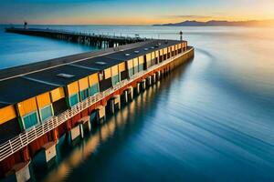 a long exposure photo of a pier at sunset. AI-Generated