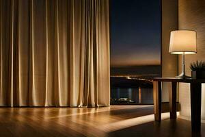 a table and lamp in front of a window. AI-Generated photo